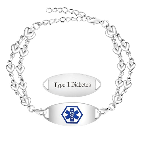 Uloveido Typ-1-Diabetes-Gravur-Armband – Doppelherz-Kettenglied, Maßgeschneiderter Gesundheitshinweis für Typ-1-Diabetiker Y4026