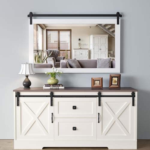 Image of COGOOD Farmhouse Bathroom Mirror - 49 x 30 Large Rectangle Barn Door Mirror for Vanity, Bedroom, Living Room Wall Decor (Pure White)
