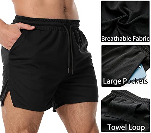 Men's Workout Athletic Shorts 5" Gym Shorts For Men Bodybuilding Running Training Quick Dry With Zipper Pockets Towel Loop,Black M #TOP2