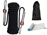 Corde d'escalade statique10.5mm Certifiée UIAA/CE   Résistance 1200kg   Nylon Haute Performance avec Mousquetons   pour Alpinisme, Rappel, Canyonning (20m) Noir