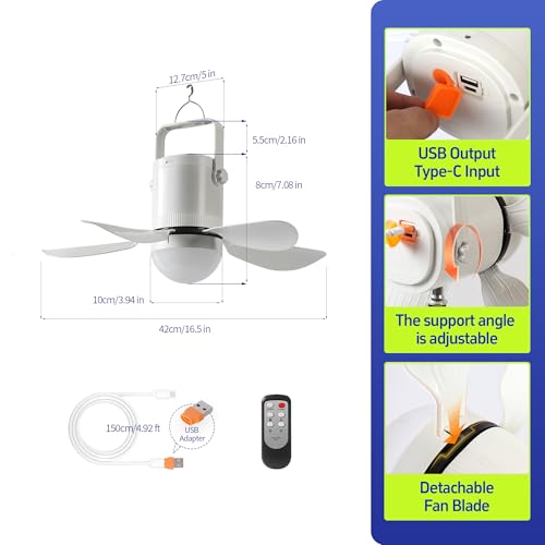Image of 17'' Ceiling Fan with Light and Remote, 10800mAh Battery Operated Gazebo Fan,Outdoor Hanging Fan for Gazebo, RV,Patio, Camping Tent, Greenhouse,Porch ,Chicken Coop, USB-C Fast Charge