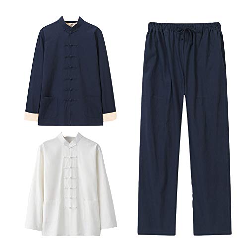 7色 3点セット 長袖 太極拳服 メンズ レディース 上下セット 武術服 チャイナ服 演舞 練習用 棉麻 チャイナトプス チャイナシャツ 中華風 中国 伝統服 中華服 メンズ チャイナ風 カンフー衣装 武術シャツ 唐装 功夫服 (ネイビー, 2XL)