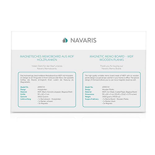 Navaris Tablero de Notas magnético - Pizarra con diseño de planchas de Madera - Pizarra magnética con Marcador Negro y 5 imanes - 90 x 60 CM