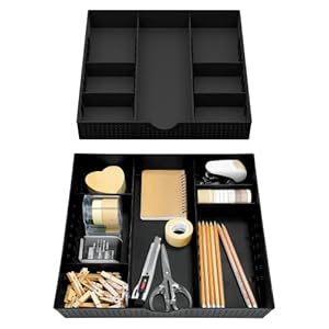 CAXXA 3 Slot Drawer Organizer with 4 Adjustable Dividers – 7 Compartments Junk Drawer Storage for Makeup & Vanity, Office Desk Supplies and Accessories, BLACK (2 pack)
