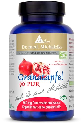 Granatapfel 90 PUR Dr. med. Michalzik - 90 Kapseln - je Kapsel 400 mg Punica granatum-Extrakt 360mg reine Punicoside - ohne Zusatzstoffe - von BIOTIKON®