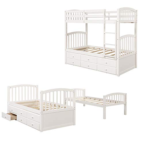 Ni-Shore Twin Bunk Bed With Ladder, Safety Rail, Twin Trundle Bed With 3 Drawers For Kids, Teens Bedroom, Guest Room Furniture(White) #TOP2