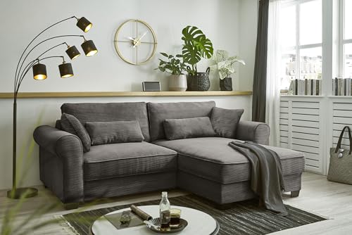 Stella Trading Ecksofa mit Schlaffunktion und Bettkasten, Cord-Optik, L-Form Eckcouch, beidseitig montierbar, Modell Angelina, Braun, 255 x 92 x 185 cm (B/H/T)