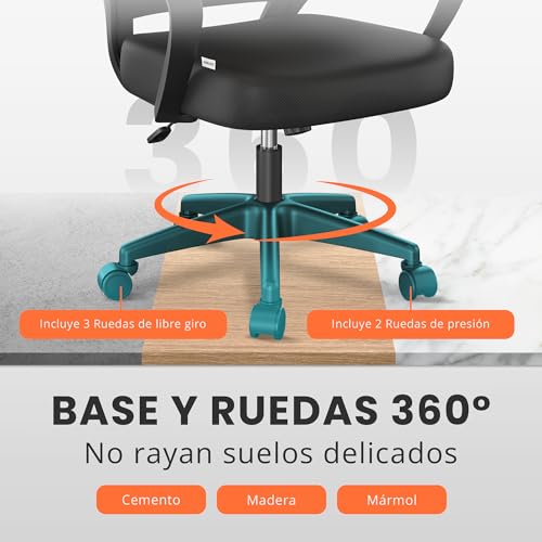 JUPPLIES Silla Escritorio Ergonomica - Silla Oficina con Apoyo Lumbar, Estructura de Plastico, Malla Transpirable, Ruedas Giratorias 360° Soporta hasta 110kg - imagen 8