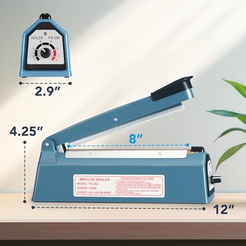 METRONIC Impulse Heat Sealer 8 Inch, Manual Bags Sealer Heat Sealing Machine Impulse, Sealer Machine for Plastic Bags PE PP Bags with Extra Replace Element Grip