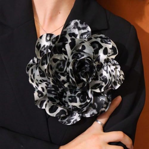 Image of Satin Fabric Rose Flower Brooches Dainty Leopard print Dyed Large Brooches Pins for Women Elegant Rose Flower Brooches Wedding Party Dance Dress Suit Ceremony Clothes Accessories Jewelry 7.5in
