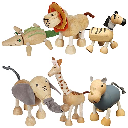 Image of 6 Pack Bendable Wooden Animal Figurines - Smooth Natural Wood Zoo & Jungle Safari Animals - Preschool Learning & Education Toys for Toddlers & Kids
