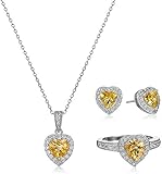 MORGAN & PAIGE .925 Sterling Silver Rhodium Plated Citrine and White Sapphire Halo Heart Jewelry Set - Pendant Necklace 18in, Ring Size 7 and Stud Earrings for Women, November Birthstone Jewelry