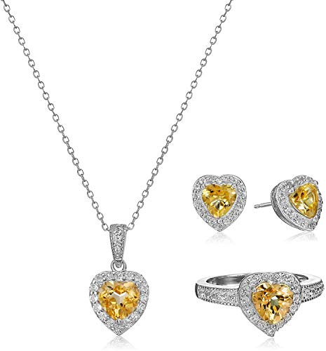 MORGAN & PAIGE .925 Sterling Silver Rhodium Plated Citrine and White Sapphire Halo Heart Jewelry Set - Pendant Necklace 18in, Ring Size 7 and Stud Earrings for Women, November Birthstone Jewelry