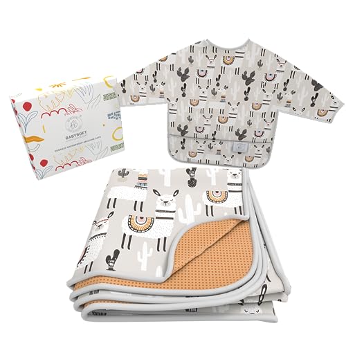 Image of BABYBOET Splat Mat for Baby – Under High Chair Floor Mat Protects Wood, Vinyl and Carpet from Spills – Waterproof 4 Layer Baby Mat Bundle with Waterproof Matching Smock (51” x 51”)