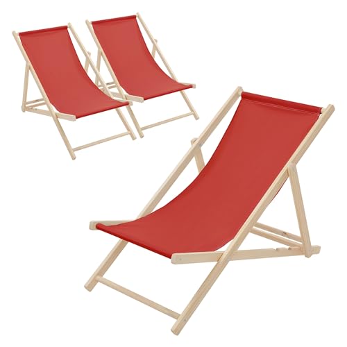ECD Germany Lot de 3 Chaises Longues Pliantes en Bois Chiliennes, Rouge, Dossier Réglable, 3 Positions de Couchage, jusqu'à 120kg, Bain de Soleil en Tissu pour la Plage Jardin Terrasse Camping