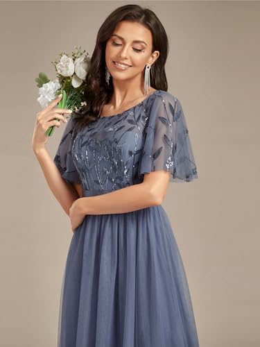 Image of Ever-Pretty Sequin Formal Prom Dresses for Women Ruffle Sleeves Empire Waist A-Line Long Mother of Bride Dress 00904
