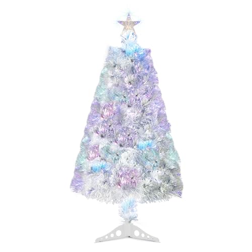 Outopee 3ft Fibre Optic Christmas Tree with Multi-Colour Changing Lights, Top Star, 85 Branch Tips, Pre-lit White Artificial Xmas Tree for Holiday Home & Office Decoration