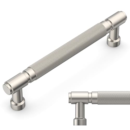 Amerdeco 10 Pack Brushed Satin Nickel knurled Cabinet Pulls 5 Inch(128mm) Hole Center Drawer Pulls Cabinet Hardware Kitchen Cabinet Handles for Bathroom ZH0072