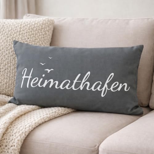 BEMIRO Heimathafen Dekokissen, 53x31 cm, Grau mit Weißer Schrift und Möwen, Polyester