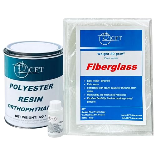 Kit riparazione in fibra di vetro con 1kg resina poliestere + 1m² tessuto 80g/m² | Per auto, barche, cemento, legno, metallo | Resistente, durevole, carteggiabile, facile da usare