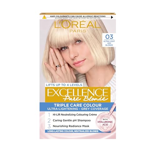 Image of L'Oréal Paris Excellence Crème Permanent Hair Dye, Radiant At-Home Hair Colour with up to 100% Grey Coverage, Pro-Keratin, Up to 8 Weeks of Colour, Colour: 03 Ultra-Light Ash Blonde