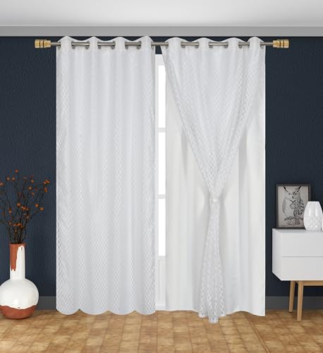Image of IVAZA Faux Silk Hybrid Designer 100% Blackout Curtain 2-in-1 |Dual-Layer Design with Decorative Mesh Overlay & Tie Ribbon|100% Light Blocking,Thermal Insulated, Window- 5 Feet (Pack of 1) White