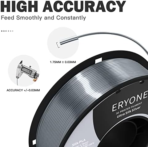 ERYONE Ultra Silk PLA Filament for 3D Printer, 1.75mm, Tolerance: ±0.03mm, 1kg (2.2LBS)/Spool, Silver