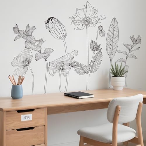 Minimalist Floral Wall Decals, Line Art Flower & Leaf Wall Stickers, Removable Peel and Stick Vinyl Decor for Bedroom, Living Room, Study Room, Cafeé