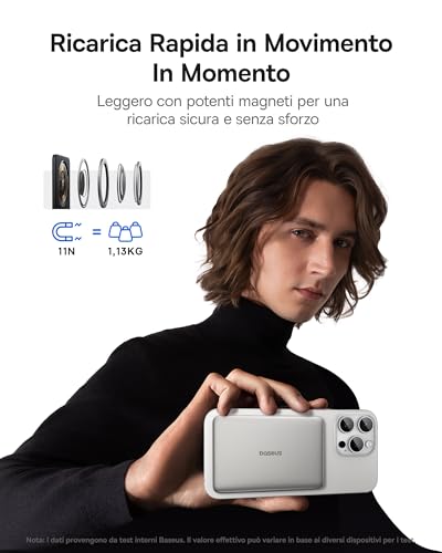Baseus Picogo AM41 Power Bank, Ultra Slim 5000mAh Magsafe Powerbank, Ricarica Rapida PD 20W, Portatile, Magnetico Batteria Esterna Wireless con cavo USB C per iPhone 17/16/15/14/13/12, Titanio - Immagine 4