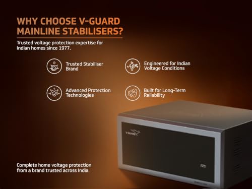Image of V-Guard Duralis 1000 Mainline Stabilizer for Home | Digital Display | Thermal Overload Protection | Wide Input Voltage Range (Working Range 90 VAC-300 VAC) | 1 Year Warranty by V-Guard | Black
