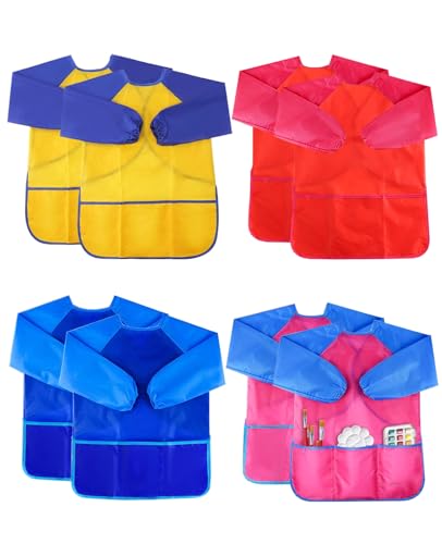 Image of hommova 8 Pcs Kids Painting Apron, Waterproof and Stain Proof Painting Aprons for Toddler 2-8 with Pockets and Long Sleeves