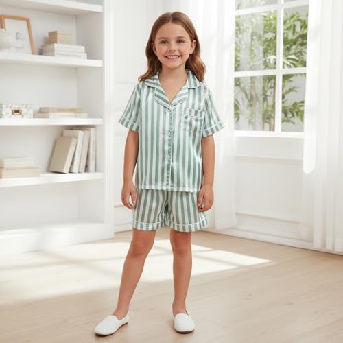 Douhoow Kids Toddler Baby Girls Pajamas Silk Satin Short Sleeve Botton Down Shirt Tops Shorts Set Summer Sleepwear Lounge Pjs (Green Striped, 2-3 Years)