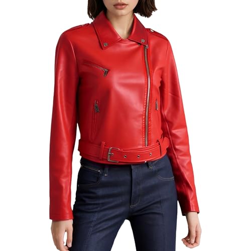 Blouson aviateur ajusté similicuir femme veste moto rouge manteau motard XL zip