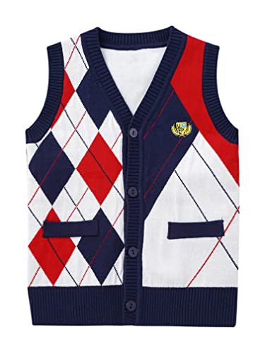 Kids Boys Sleeveless Sweater Vest Plaid Button Down Cardigan School Uniform V-Neck Casual Waistcoat