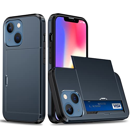 【SUMart】iPhone 13 用 ケース カード収納 スライド式 カードホルダー 耐衝撃 デュアルレイヤー ハイブリッド ウォレットケース ハード カバー (iPhone 13 6.1インチ, ネイビー)