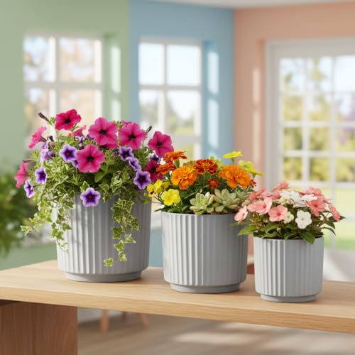 Image of Xtore Contemporary Ceramic Ribbed Planter Set | Minimal Vertical Groove Plant Pots for Home, Office & Living Room Decor - (Set of 3, Grey, Planter ONLY)