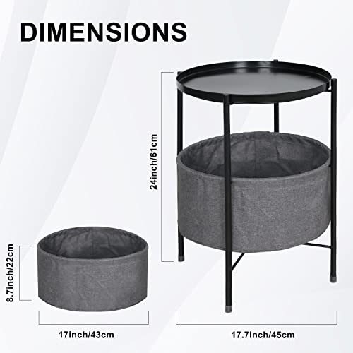 Zoes Homeware Reinforced Round End Table With Fabric Storage,Small Side Table With Recessed Tabletop,Modern Bedside Table For Living Room,Bedroom,Nursery, Laundry,Nightstand,24" Tall,Black #TOP2