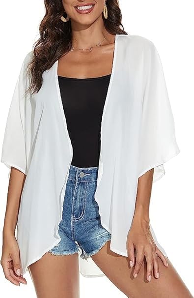 Women's Casual Chiffon Kimono Cardigan, White, Half Sleeve, Beach Cover Up