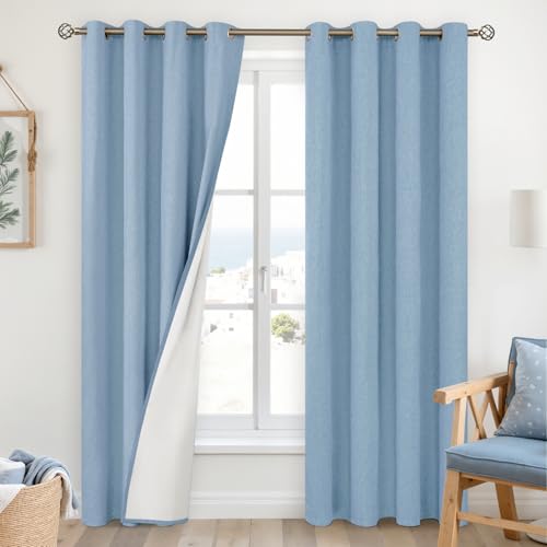 Image of YoungsTex Light Blue Linen 100% Blackout Curtains 80 Inches Long, Thermal Insulated Drapes with Grommet Room Darkening for Living Room Window, 2 Panels, 52 X 80 Inch