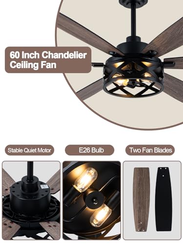 Image of 60 inch Black Farmhouse Rustic Caged Chandelier Fan with Light