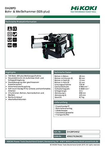 HIKOKI DH28PD Bohrhammer SDS+ 28 mm 720 W 3,5 Joules + Staubabsaugung – Bild 3
