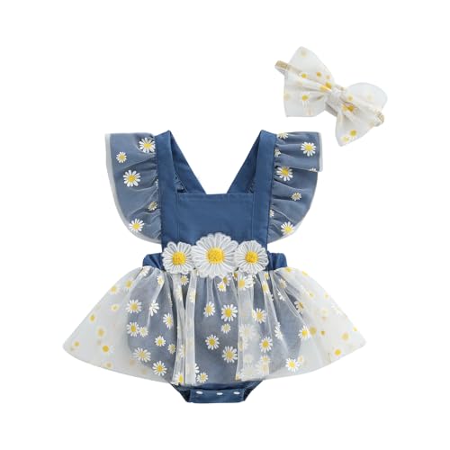 GINEVSAL Baby Girl Romper Dress Short Sleeve Daisy Embroidery Tulle Romper with Headband Set Newborn Summer Outfits (Blue, 3-6 Months)