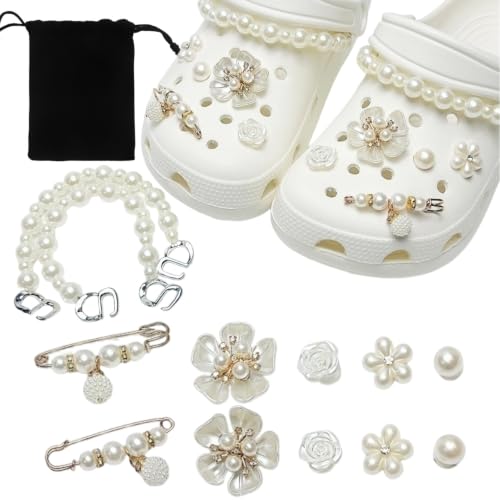 MNYXIS 12 Pièces Charms Bijoux pour Chaussures, Décoration de Sabots avec Fleur Perle Argentée et Épingle, Accessoires de Chaussures pour Femmes et Filles, avec Pochette en Velours
