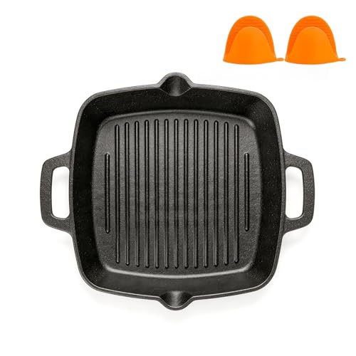 WELL GRILL Poêle en fonte de 30 cm avec poignées, rectangulaire, pré-saison pour barbecue à induction, barbecue à gaz, four et tous les types de plaques de cuisson