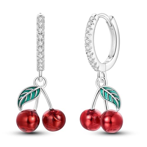 NARMO 925 Sterling Silver Earrings Cute Cherry Dangle Drop Hoop Earrings for Women