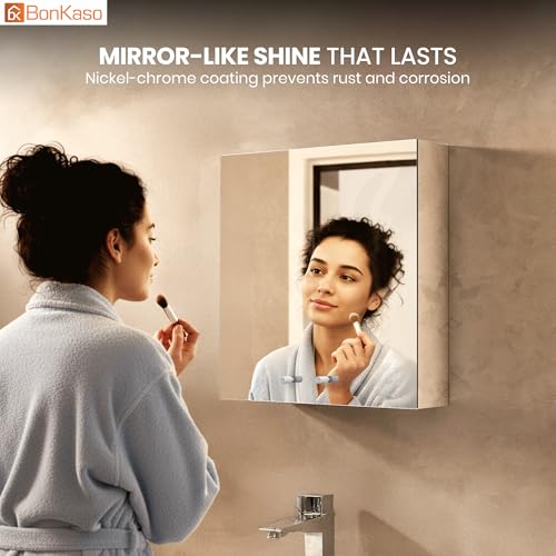Image of BonKaso Premium SS 304 Bathroom Mirror Cabinet | Wall-Mounted Stainless Steel Storage Cabinet with Frameless Mirror (18x18 Inch, Chrome Finish)