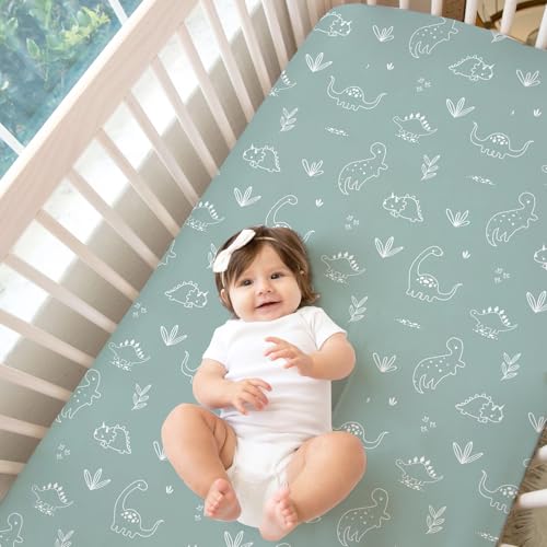 Image of BROLEX Baby Fitted Crib Sheets: Kid Crib Sheets - Set of 2 for Toddler Standard Size Crib Mattress for Boys and Girls - Jersey Knit Crib Bed Sheets Cute Dinosaurs