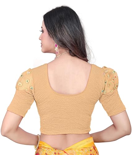 Image of Shreeji Designer Round Neck Cotton Lycra and Net Fabric Fully Stretchable Baloon Sleeve Designer Readymade Blouse for Women