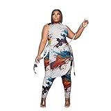 Dmoled Women Plus Size 2 Piece Outfits Jumpsuit Camouflage Print Sleeveless Slit Tunic Tops Pant Set