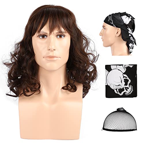 Halloween Perruque Hommes, Perruques Annee 80 Brune Mulet Bouclée avec Bonnet Perruque et Turban Tête de Mort, Postiches Punk Rock Métallique Parfaite pour Cosplay, Fêtes Costumées Thème du Bricolage Cover